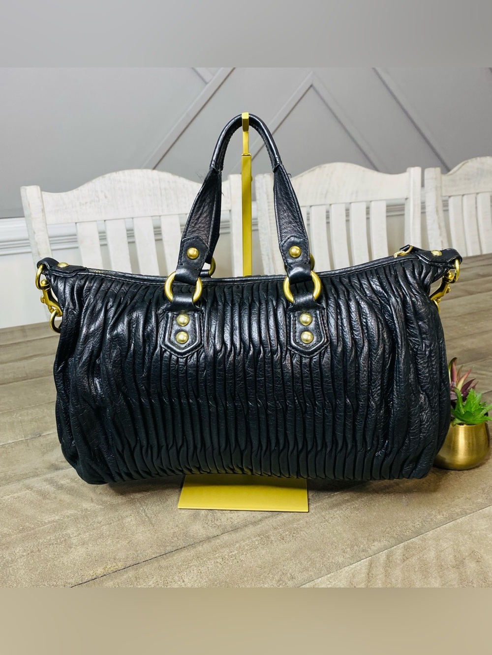 Coach Ashley Black Gathered Leather Satchel Bag F17647 Ruched Gold Hardware - Picture 6 of 14